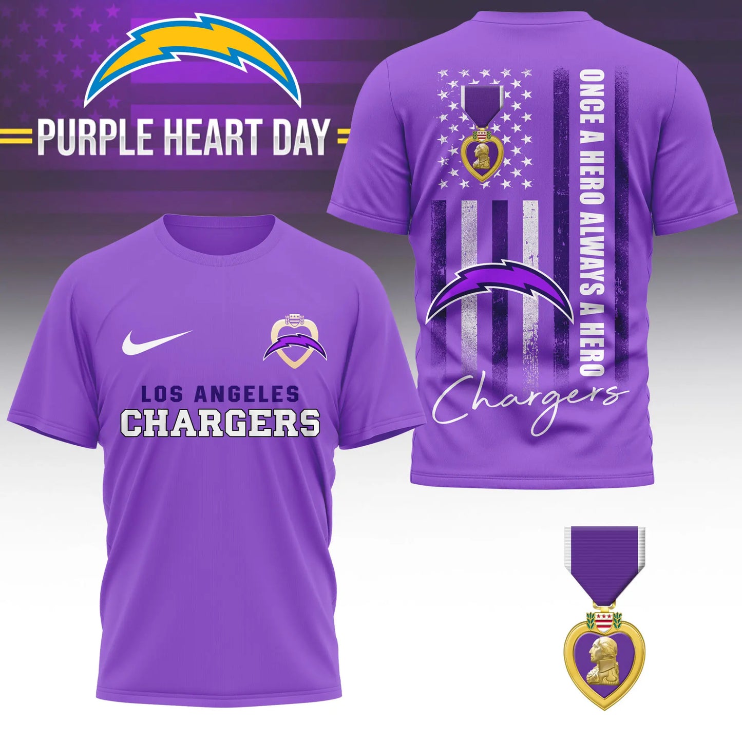 Los Angeles Chargers | Premium NFL Premium National Purple Heart Day 3D Shirt HI – HuddleStyle.com - Image 3
